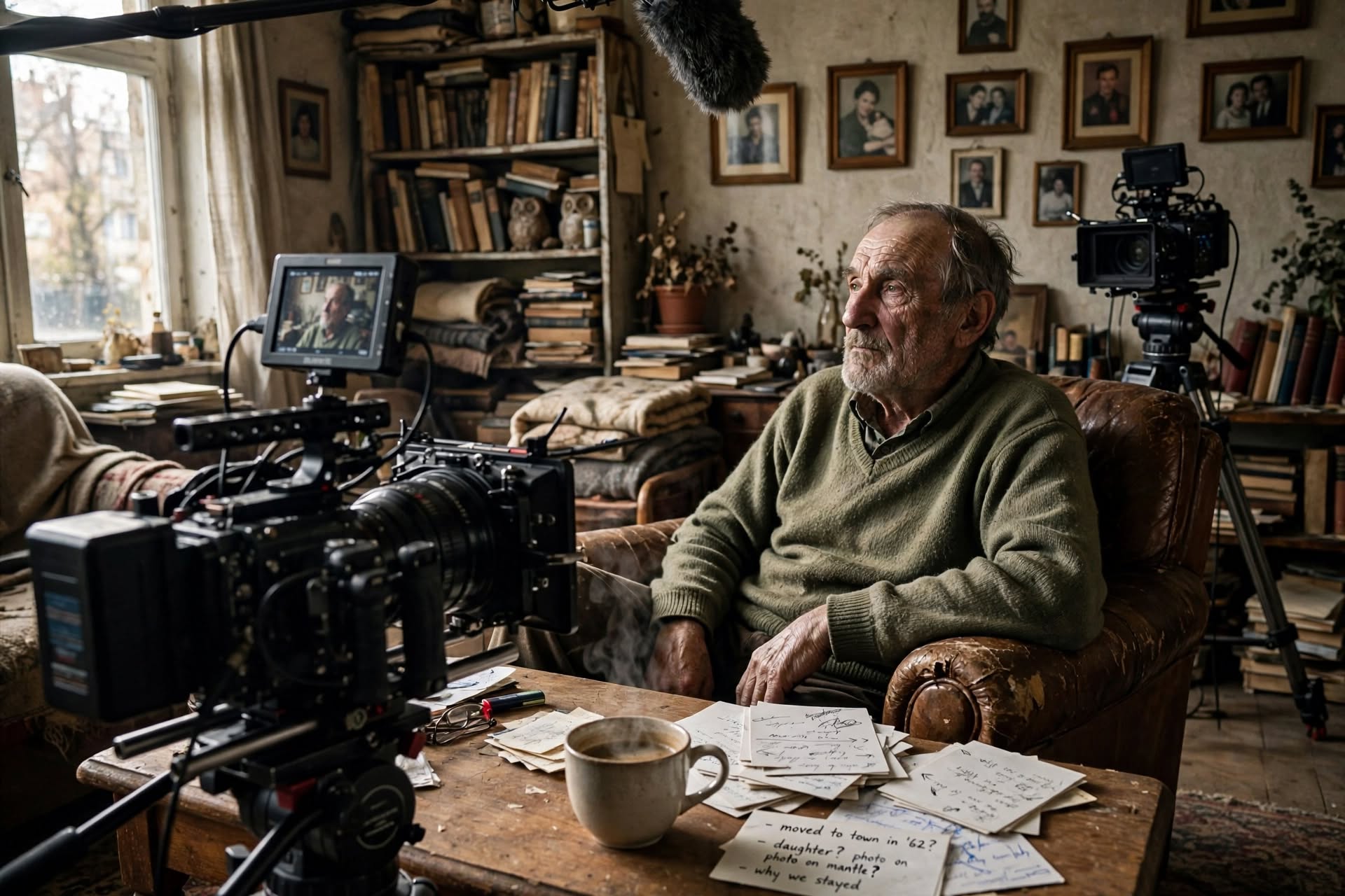 A documentary interview in a subject's living room: two cameras, one tight on a weathered face and one wide on the cluttered room, a boom mic just visible at the top of the frame, natural window light, imperfect and real. A coffee cup and a stack of index cards sit on the table. The mood is intimate and unpolished.