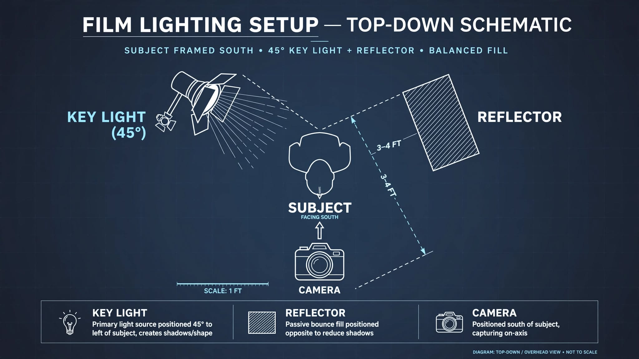 Vlogging lighting setup - Here's your top-down film lighting schematic — key light at 45° with reflector bounce opposite, both marked at 3-4 FT on dark slate blueprint style in 16:9.