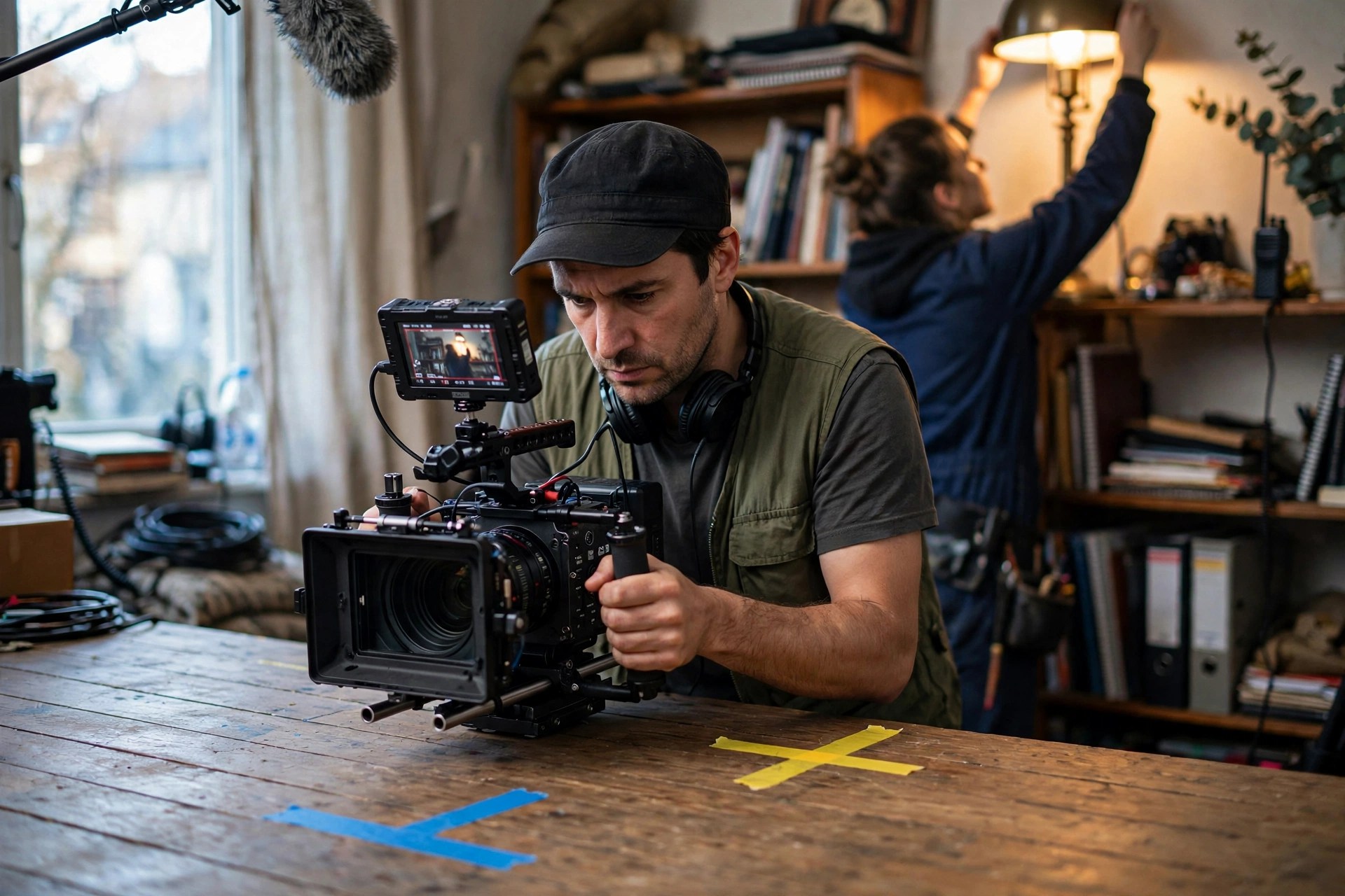 Filmmaking Techniques - Camera operator rehearsing a push-in with tape marks on the floor, boom pole visible at the edge of frame, a second crew member adjusting a practical lamp in the background, mixed natural and artificial light.