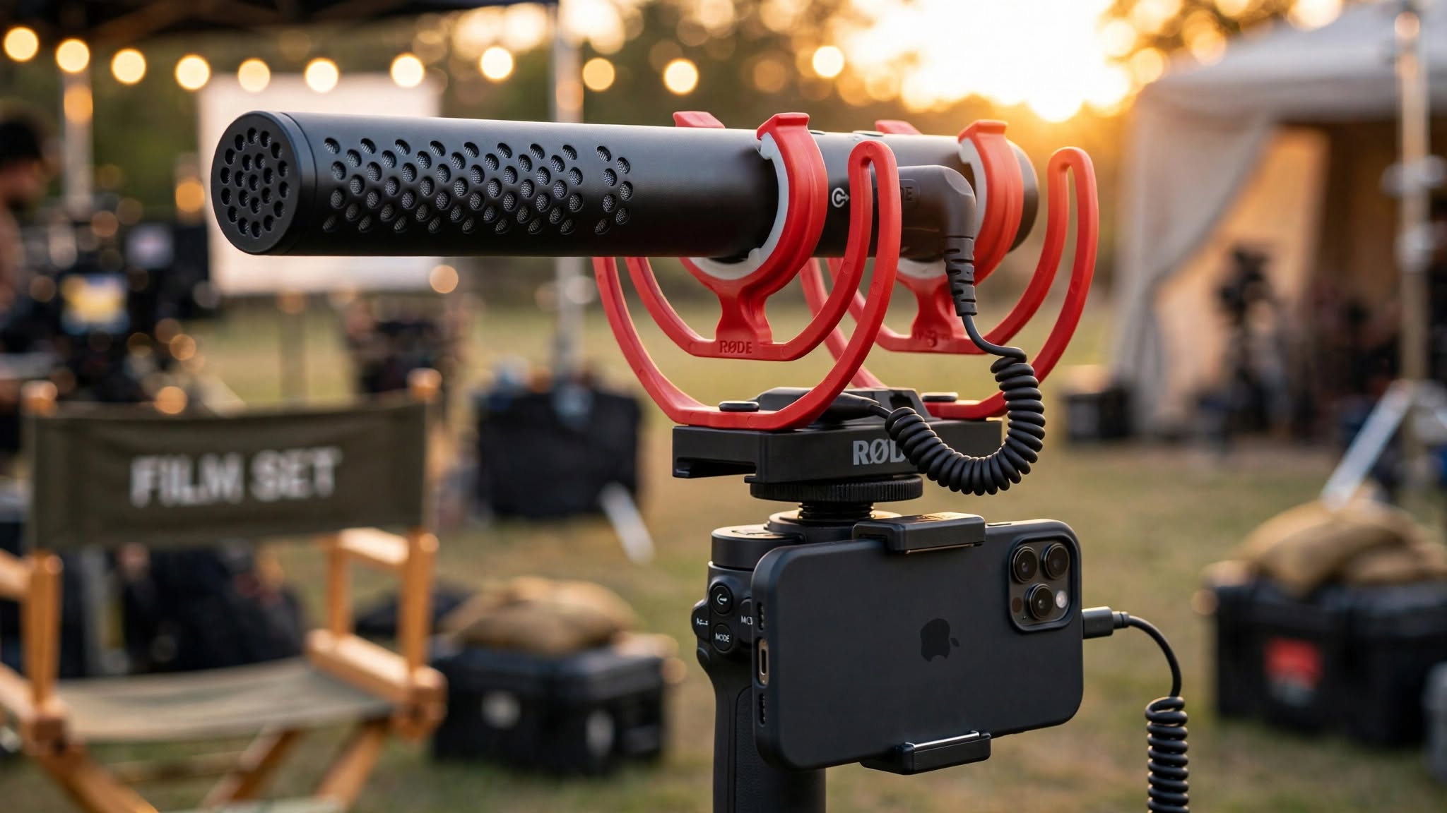 That golden hour setup with the VideoMic NTG in the red Rycote mount, coiled cable into the iPhone rig — ties directly to your Married & Isolated iPhone + anamorphic note for festival work.