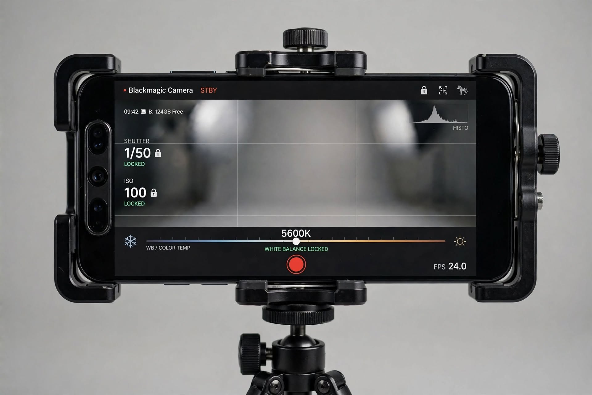 tight editorial shot with the phone locked horizontal, Blackmagic Camera UI readable: 1/50 shutter locked, ISO 100 locked, thirds grid on, and that 5600K white balance slider front and center.