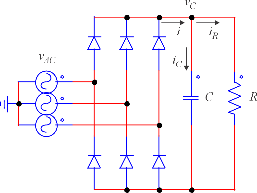 Three-phase rectifier with capacitive filter