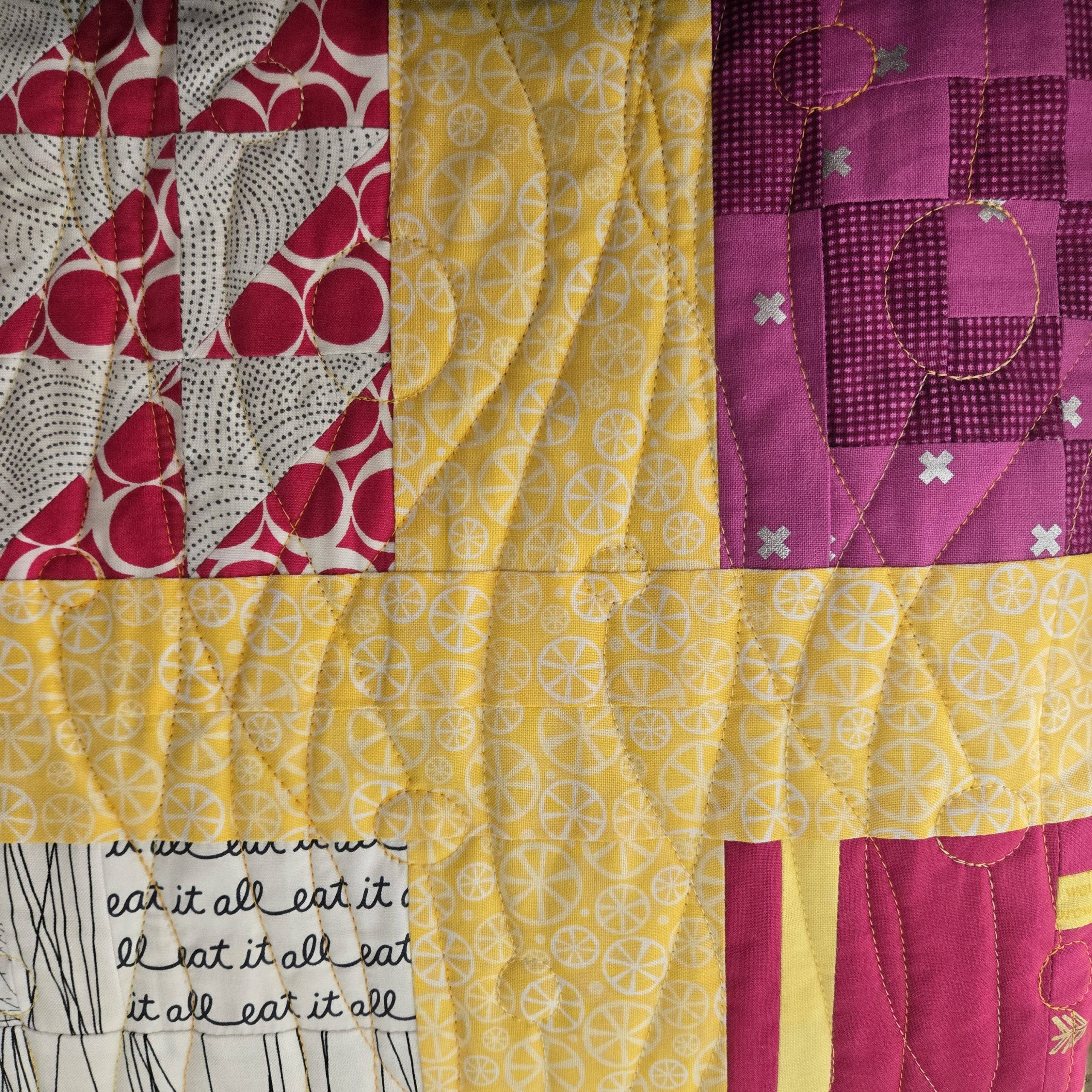 raspberry lemonade digital quilting design quilted on yellow magenta fabric