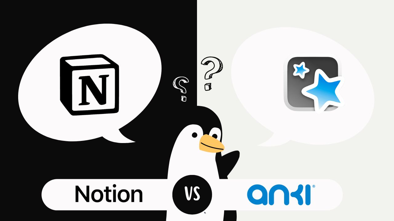 a penguin showing two logos, Notion and Anki