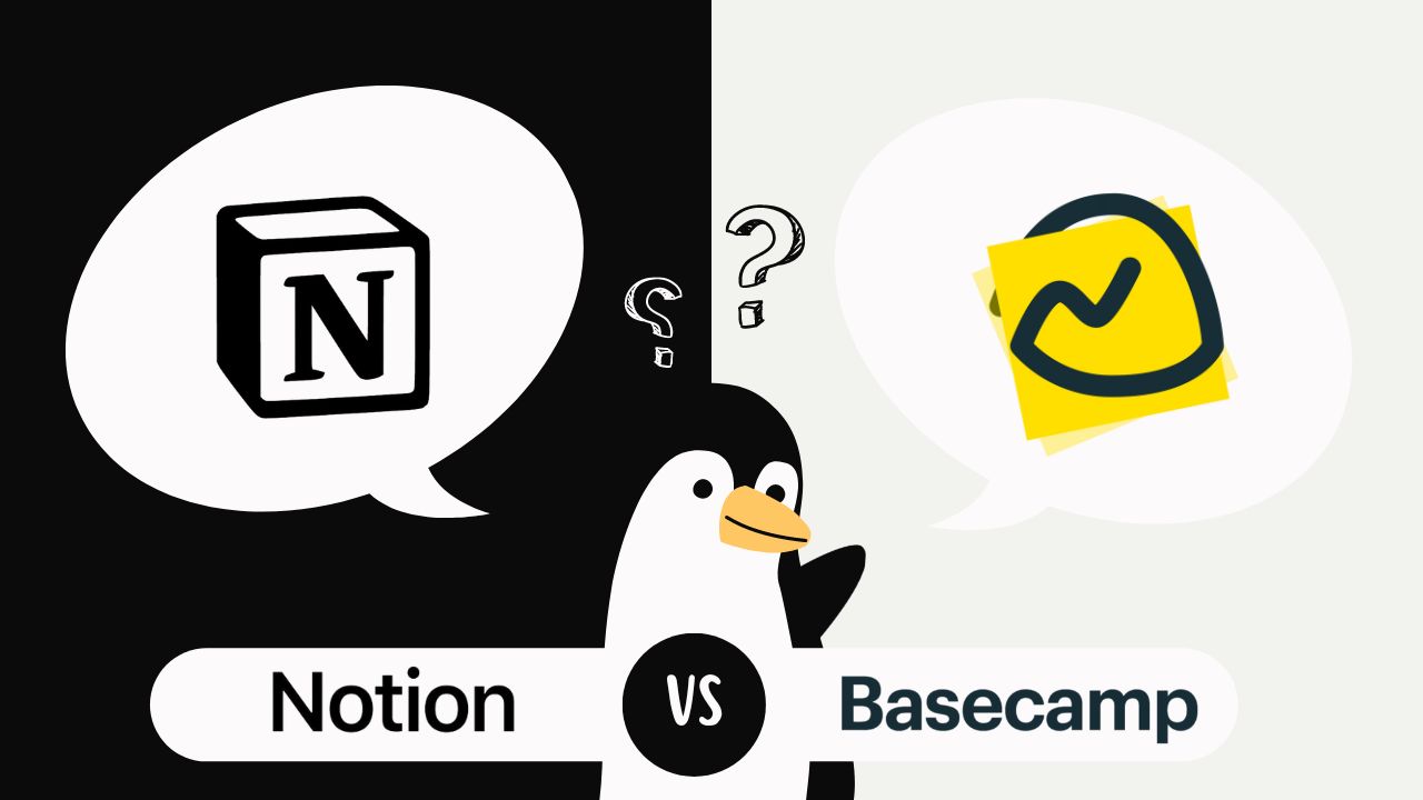 a penguin showing two logos, Notion and Basecamp