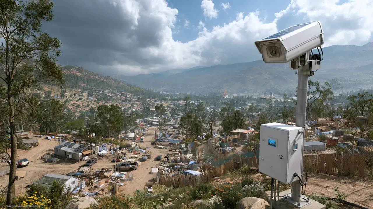 Pole-mounted solar camera watches remote construction site with vehicles and fencing, aov solar camera solution pricing guide 2026.