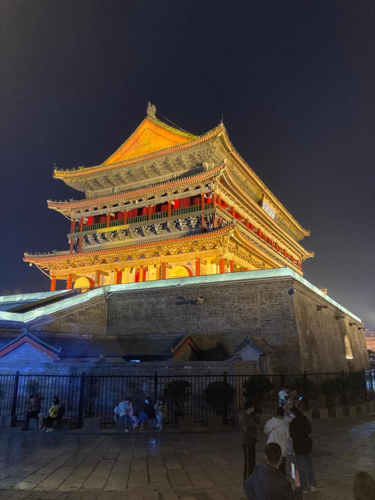 The Bell and Drum Tower lit up at night from Xi'an China