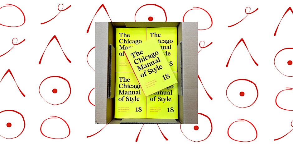 An open box full of copies of the 18th edition of The Chicago Manual of Style on a background of proofreader marks