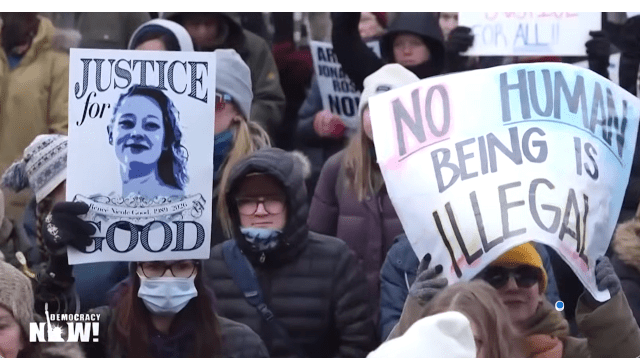 Protest in Minneapolis following the death of Rene Good. Video Still, Democracy, Now! on government surveillance of activists and unions opposed to ICE.