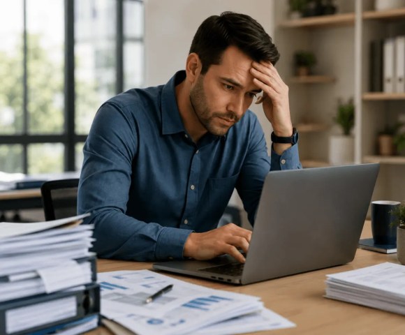 Overwhelmed accounting firm owner stressed at desk with paperwork
