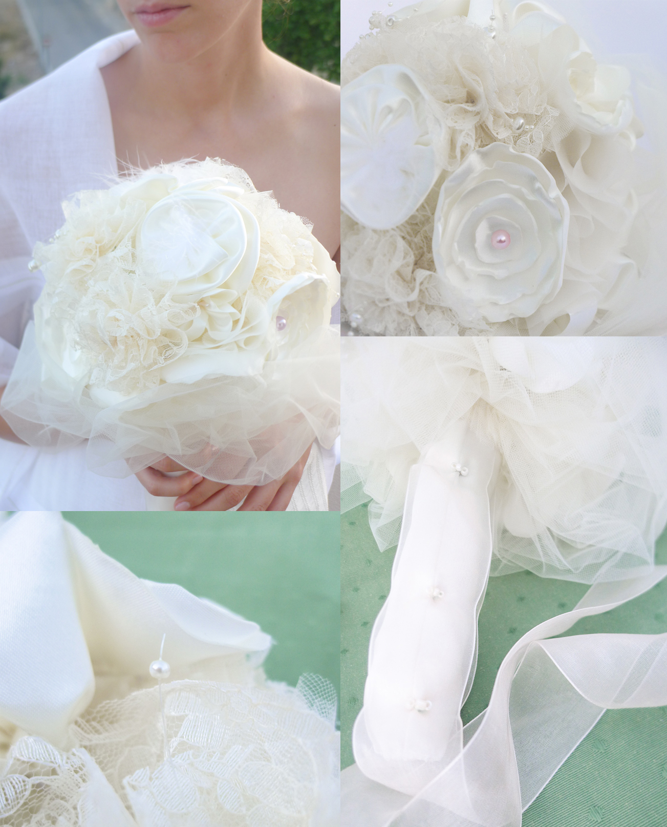 Fabric wedding bouquet made with organza, tulle, lace, feathers and perals.