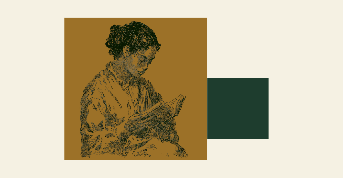 Vintage-style engraving of a woman reading a book, illustrating peptides for cognitive function