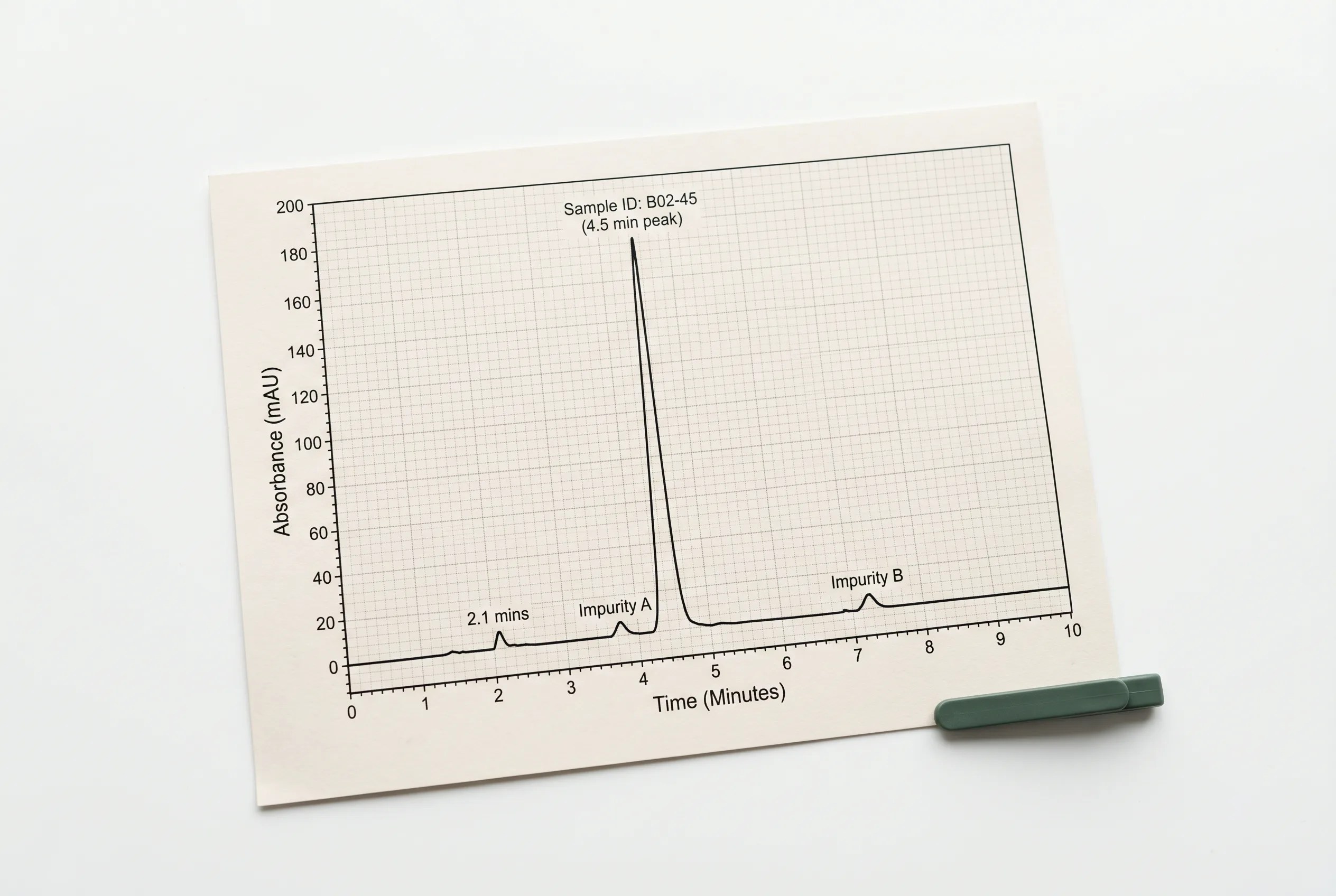A chromatogram trace showing a tall sharp main peak above a flat baseline with a few small neighbouring peaks