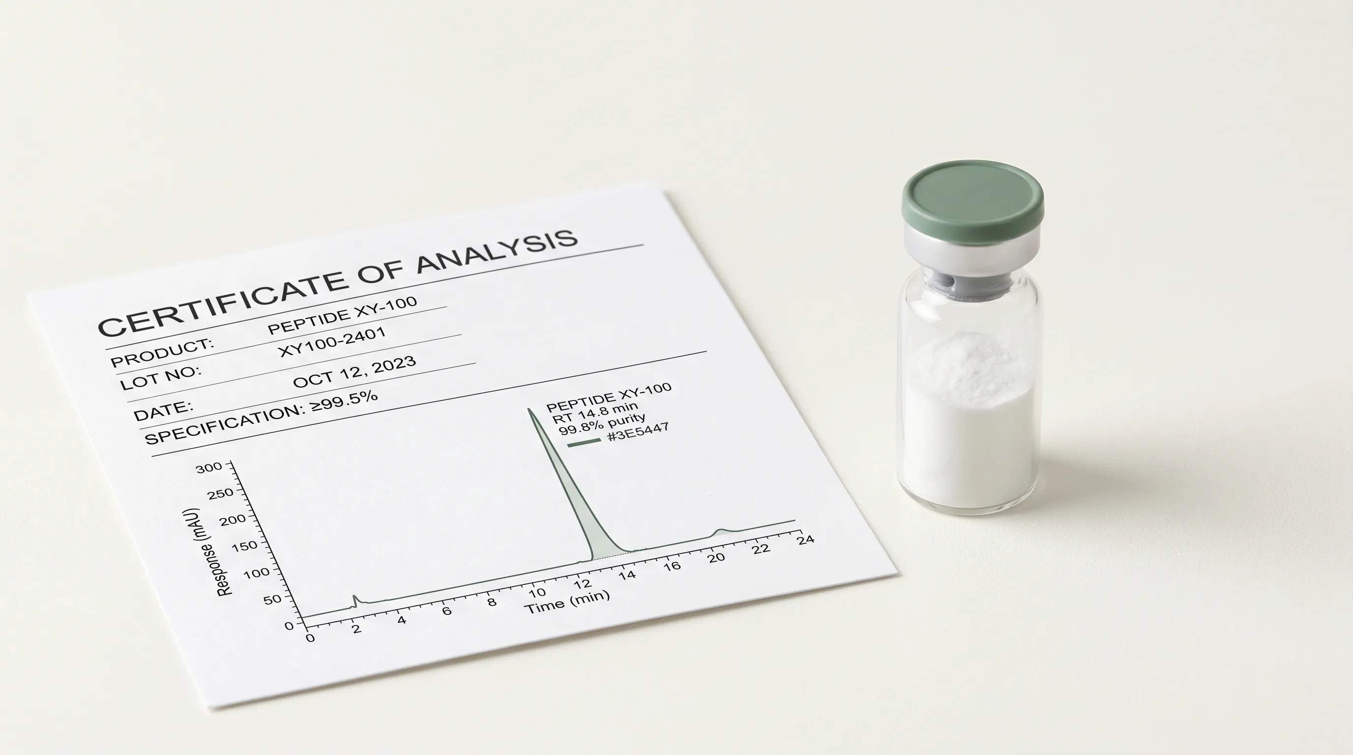 A research vial beside its certificate of analysis from an independent laboratory