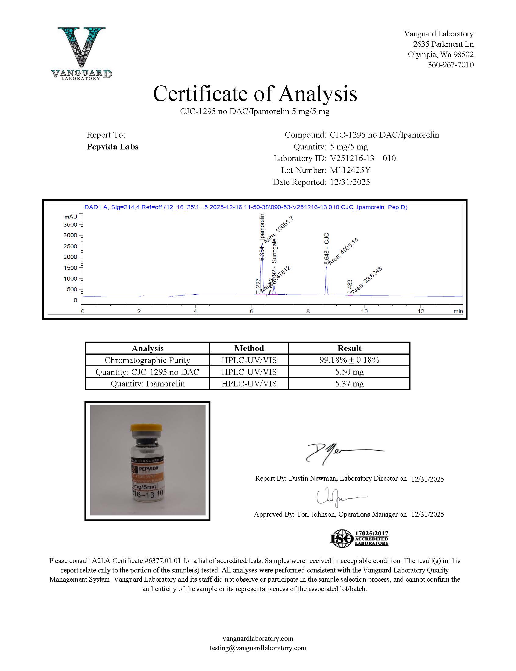 Ipamorelin/CJC-1295 (No DAC) (5/5mg) Certificate of Analysis from Pepvida Labs