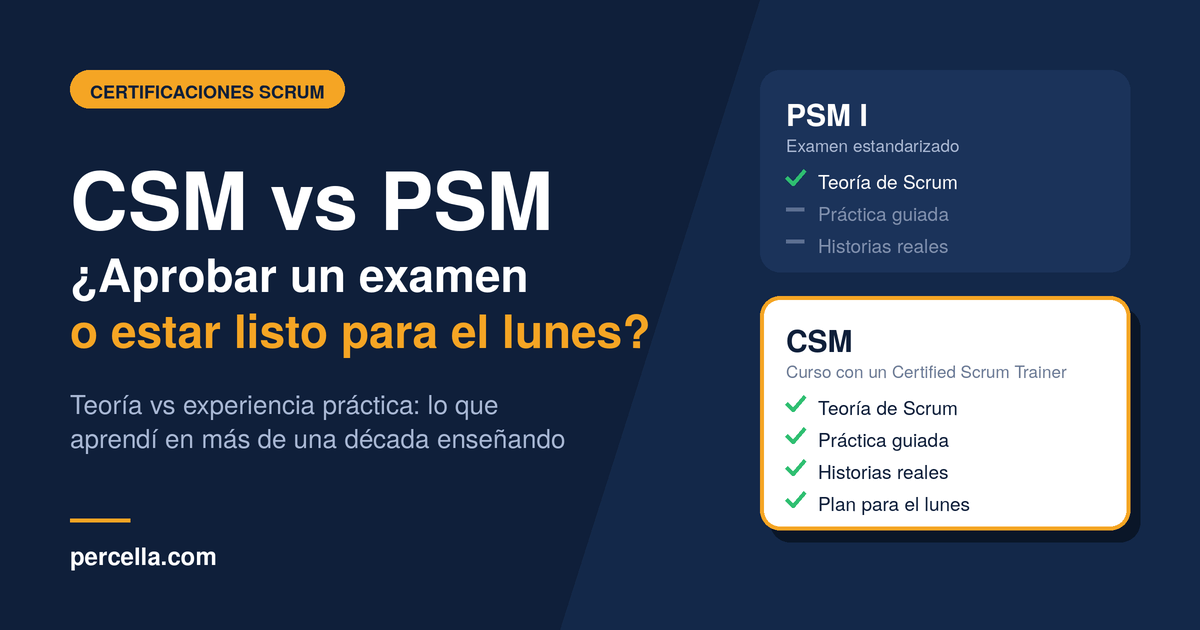 Comparación entre la certificación PSM I, basada en un examen estandarizado, y CSM, basada en un curso con un Certified Scrum Trainer