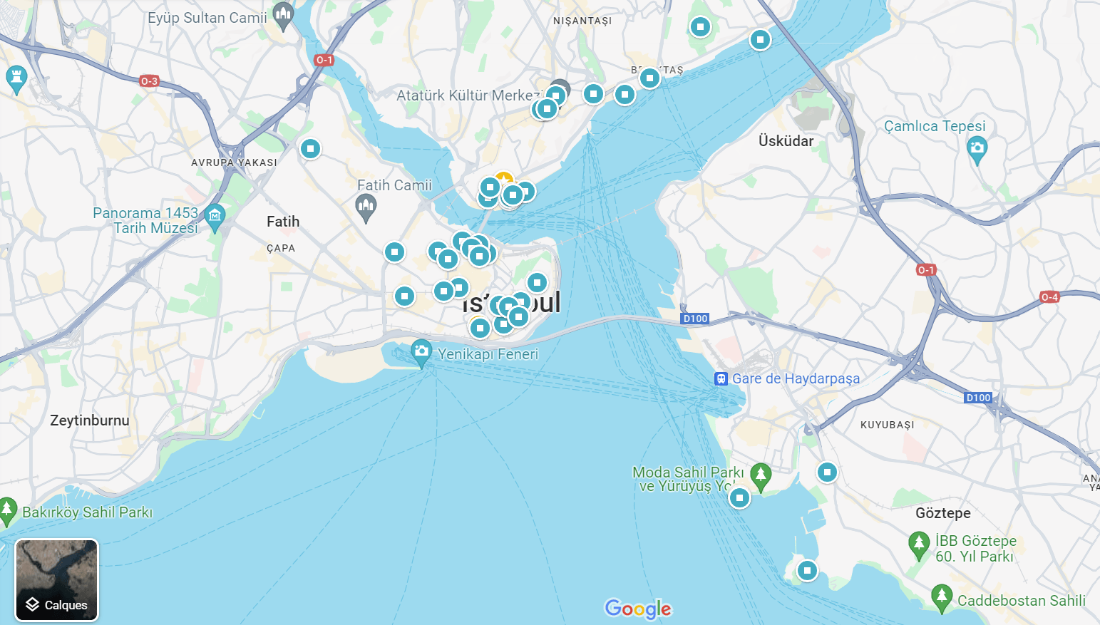 Carte d'Istanbul avec les 47 lieux incontournables à visiter