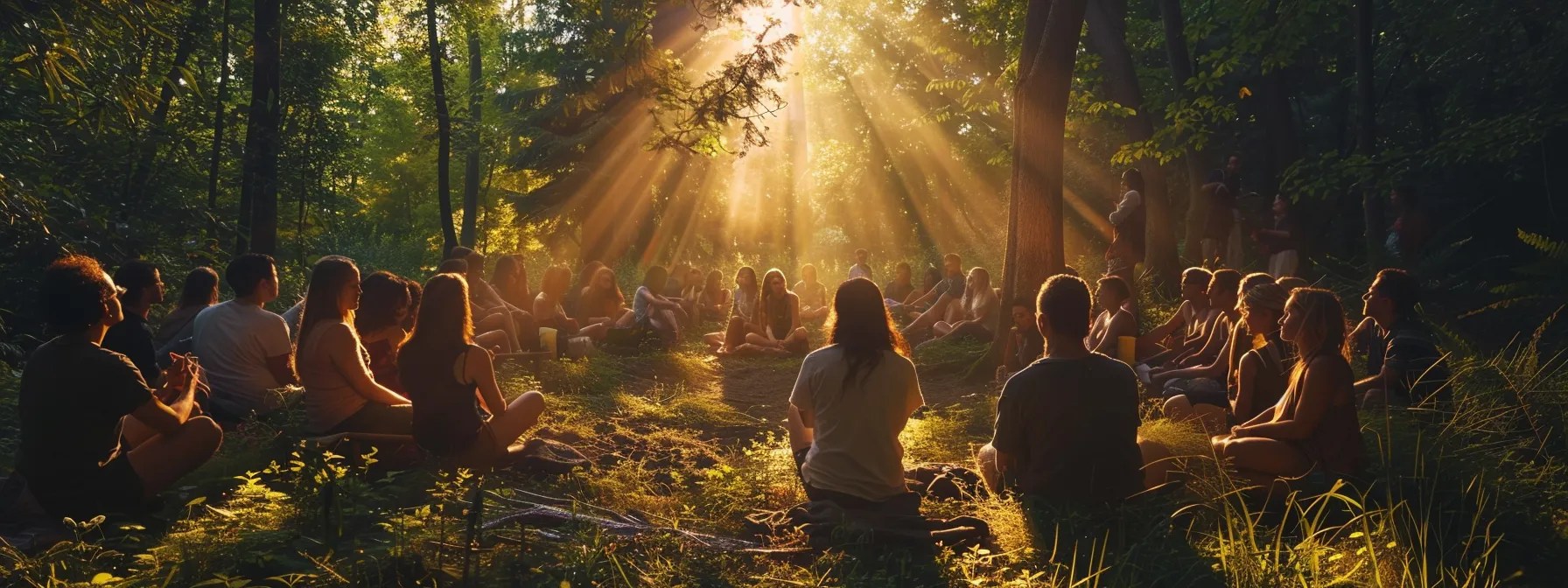 a compassionate support group gathered in a tranquil, sunlit forest clearing, surrounded by lush greenery, as uplifting symbols of healing such as a serene brain and heart subtly blend into the natural landscape, evoking a deep sense of hope and emotional well-being.