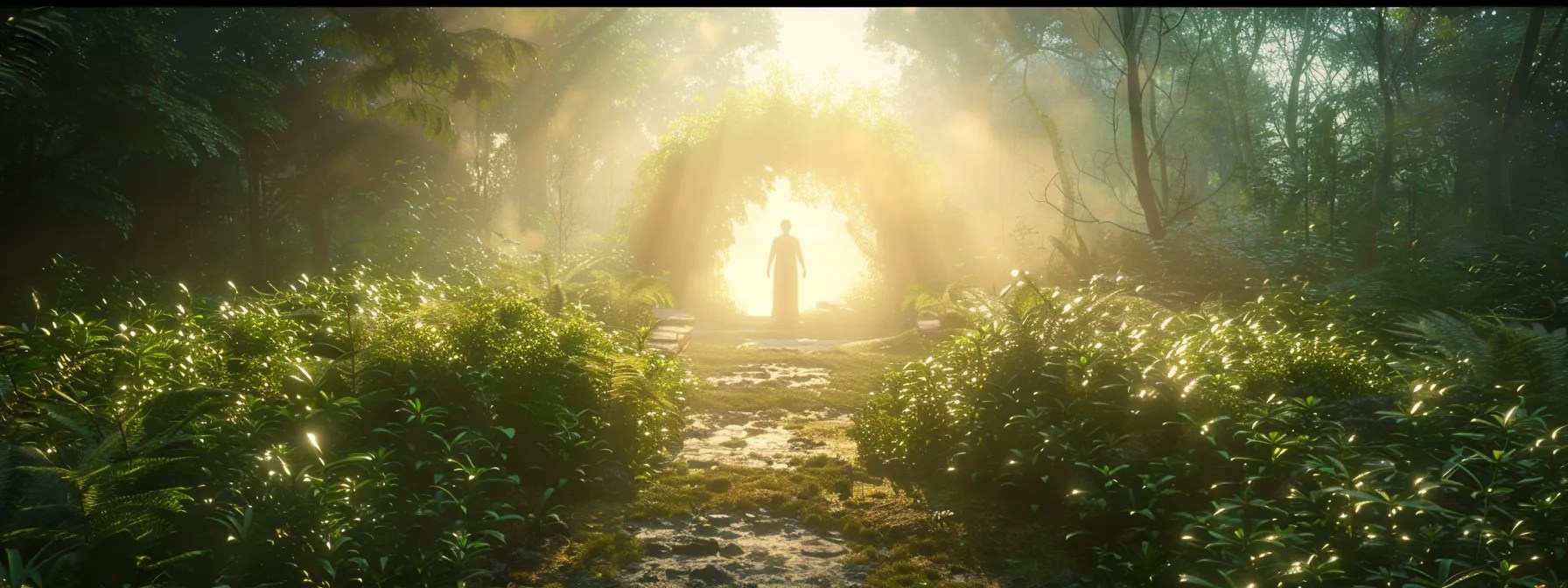 a serene nature scene featuring a person standing on a tranquil path, surrounded by lush greenery and soft pastel hues, symbolizing hope and recovery while reaching out towards a gentle light that represents support and healing.