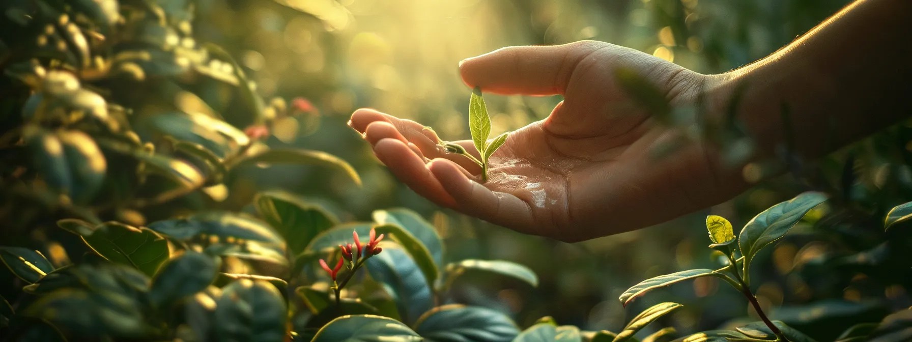 a serene nature setting bathed in soft morning light shows an individual reaching out towards a vibrant, flourishing community of support, symbolizing hope and healing in the journey of addiction recovery.
