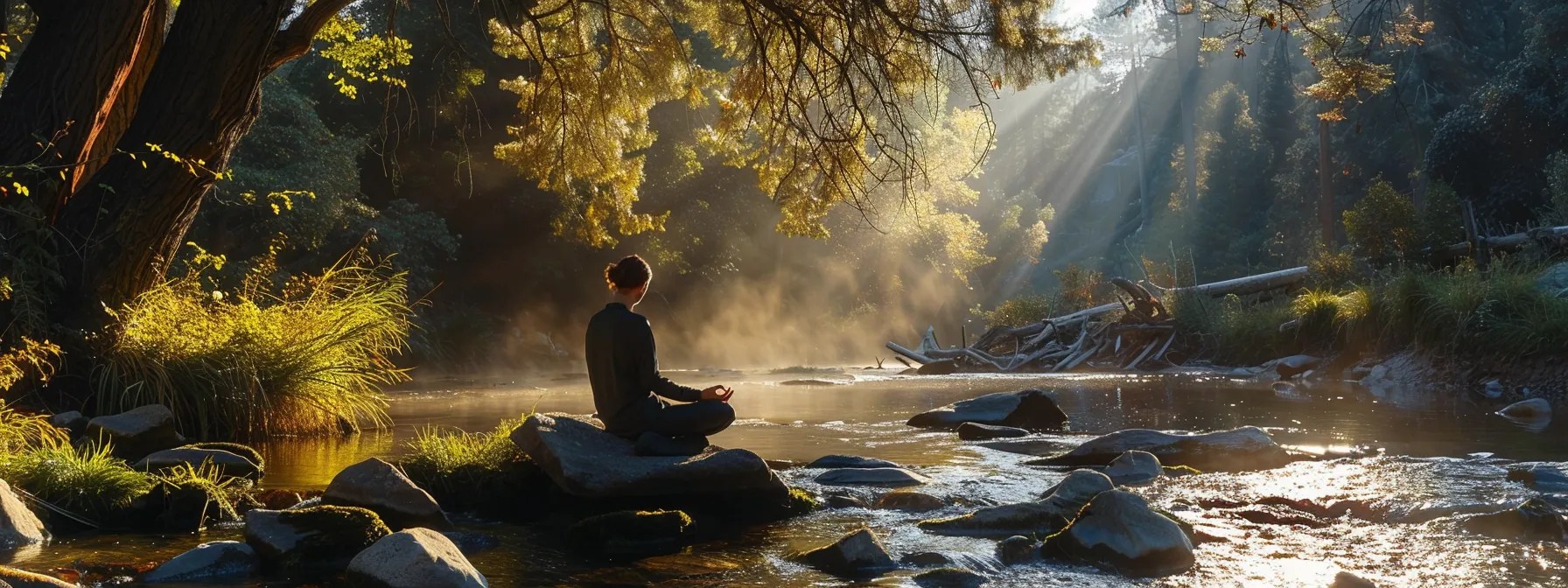 a serene nature setting bathed in soft morning light features a lone figure peacefully meditating near a gentle stream, embodying the themes of mindfulness and emotional healing in the recovery journey.