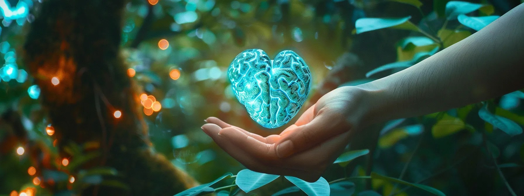 a serene nature setting featuring a person reaching out towards a vibrant heart and brain symbol, surrounded by calming shades of blue and green, conveying hope and compassion for mental health recovery and support.