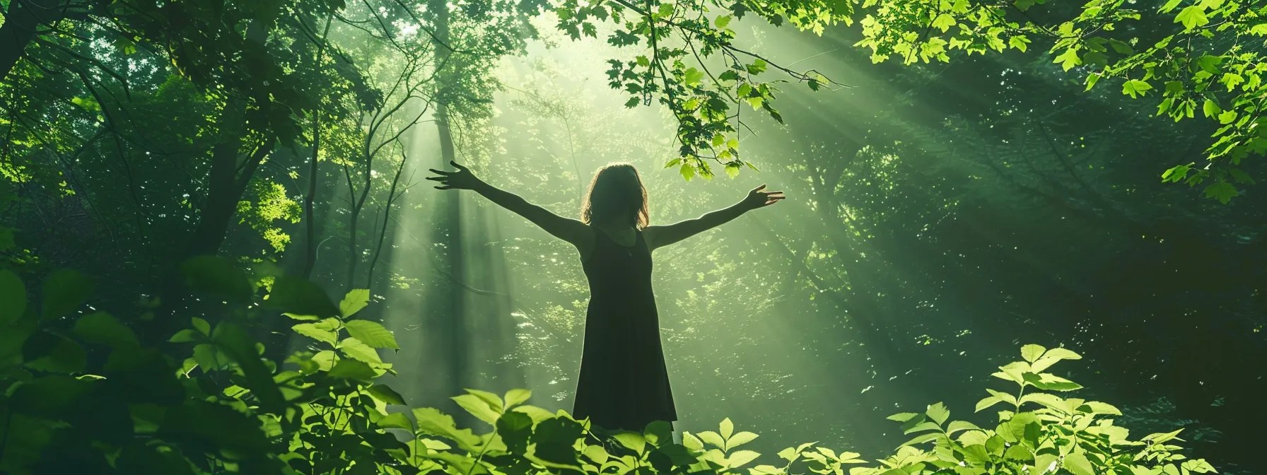 a serene nature setting showcases a figure standing amidst vibrant greenery, arms open in a gesture of hope, with gentle light filtering through the leaves, symbolizing the journey of recovery and the support found in healing.