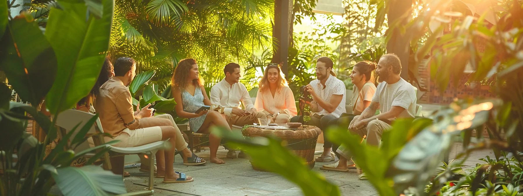 a serene outdoor recovery support group gathers in a tranquil setting, surrounded by lush greenery and soft pastel hues, as individuals engage in heartfelt conversation, symbolizing healing and the importance of ongoing aftercare in maintaining sobriety.