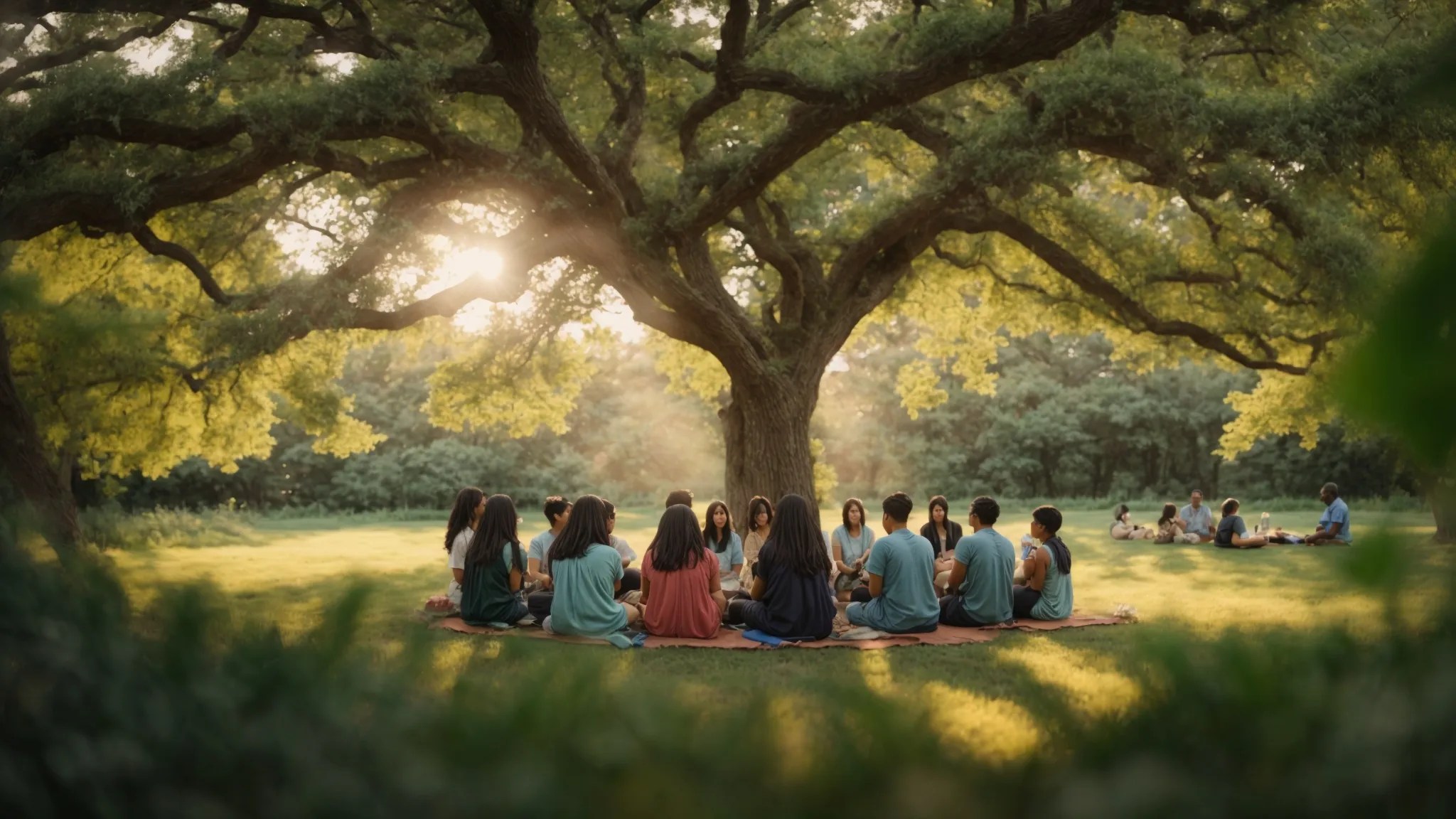 a serene landscape featuring a diverse support group gathered in a circle under lush green trees, with soft pastel colors invoking a sense of hope and healing, symbolizing the journey of recovery in mental health and addiction treatment.