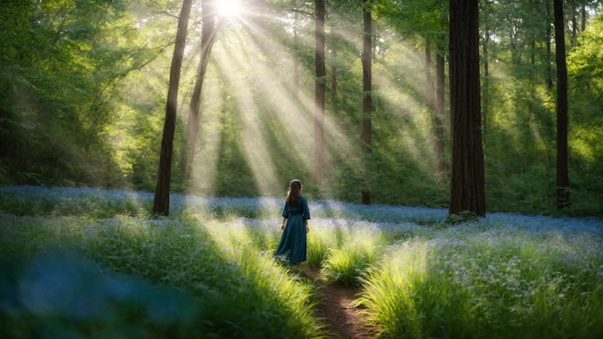 a serene nature scene unfolds with a person standing in a sun-drenched forest, symbolizing hope and recovery, surrounded by gentle greens and calming blues, embodying the essence of emotional healing and the journey towards well-being.
