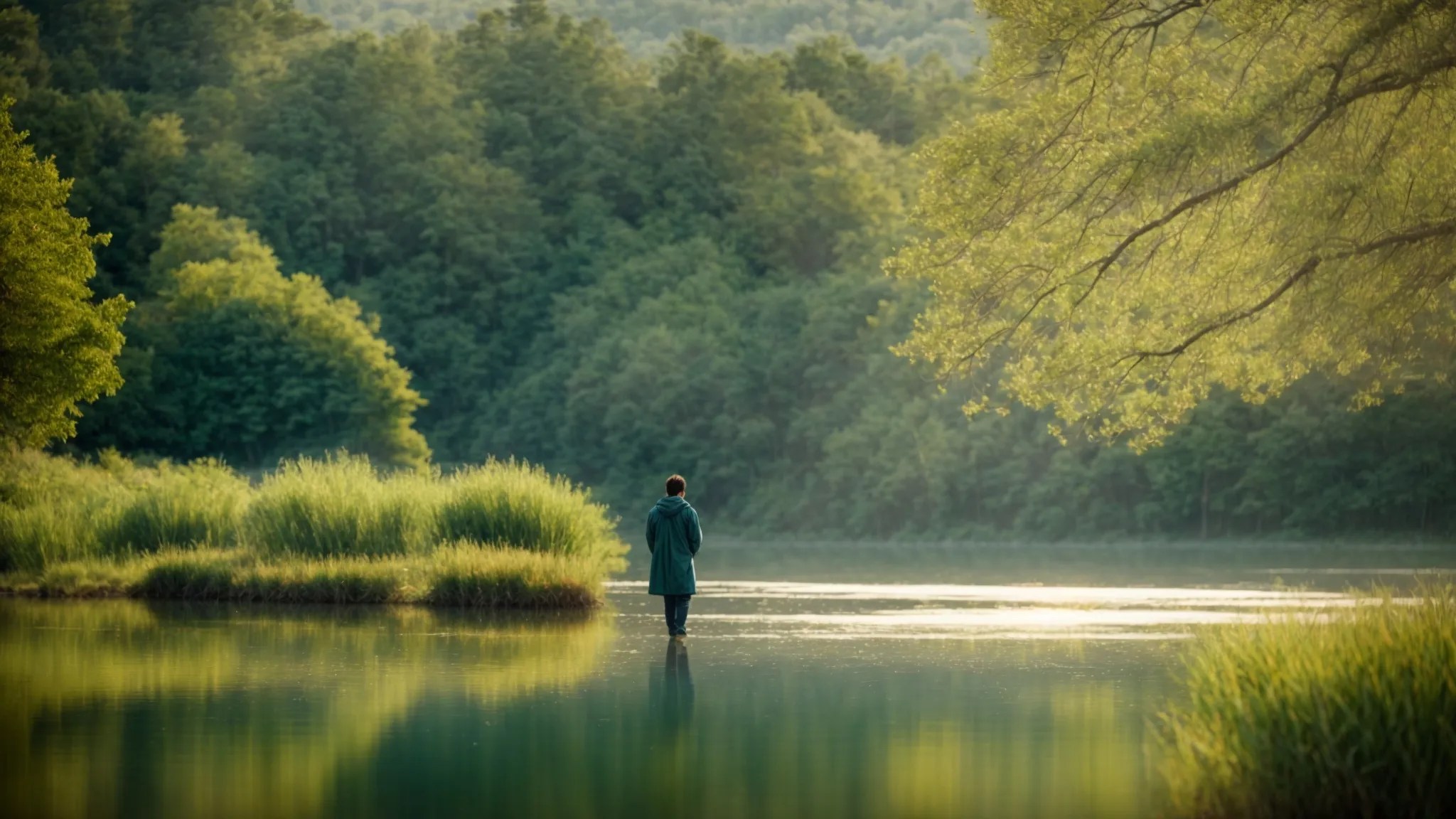 a serene nature setting bathed in soft morning light, featuring a solitary figure gazing thoughtfully at a tranquil lake, symbolizing emotional recovery and the journey through dialectical behavior therapy, with calming hues of blue and green evoking hope and peace.