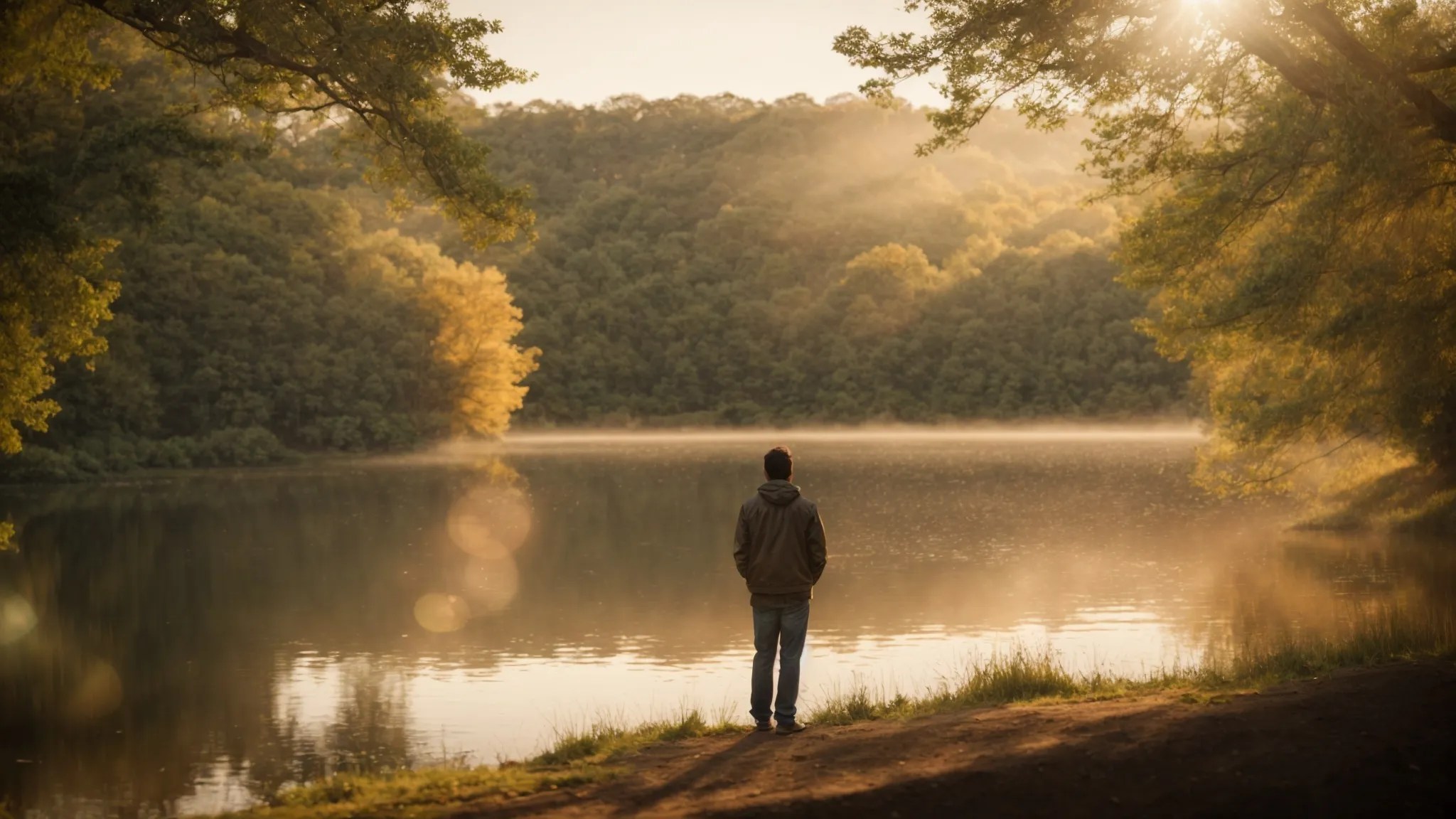 a serene nature setting bathed in soft morning light, where an individual stands at the edge of a tranquil lake, symbolizing the journey towards healing in addiction and mental health treatment, surrounded by subtle hints of support and compassion.