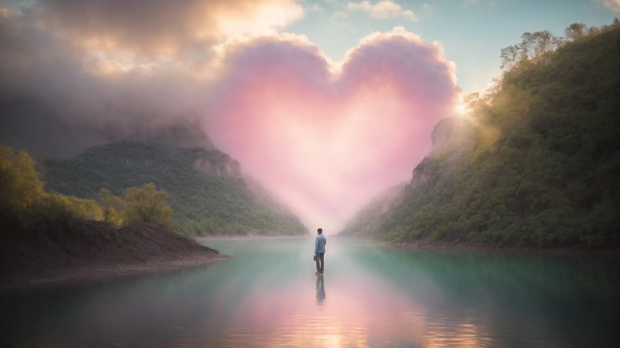 a serene nature setting bathed in soft pastel light showcases a solitary figure reaching out towards a vibrant heart-shaped cloud, symbolizing hope and healing in the journey of personal development and mental health recovery.