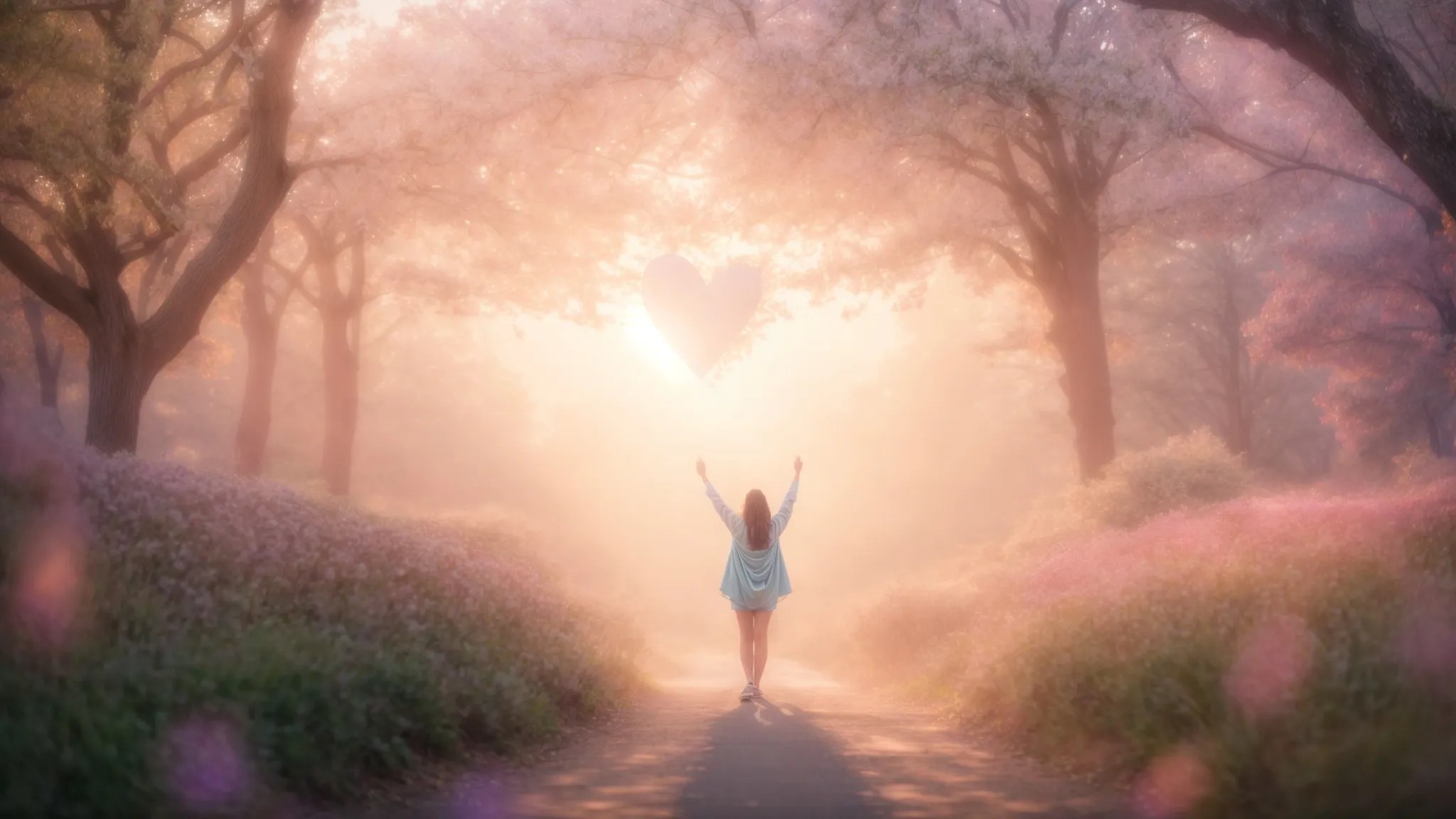 a serene nature setting bathed in soft pastel colors features a figure reaching out toward a glowing heart symbol, embodying hope and compassion in the journey of recovery and mental health treatment.