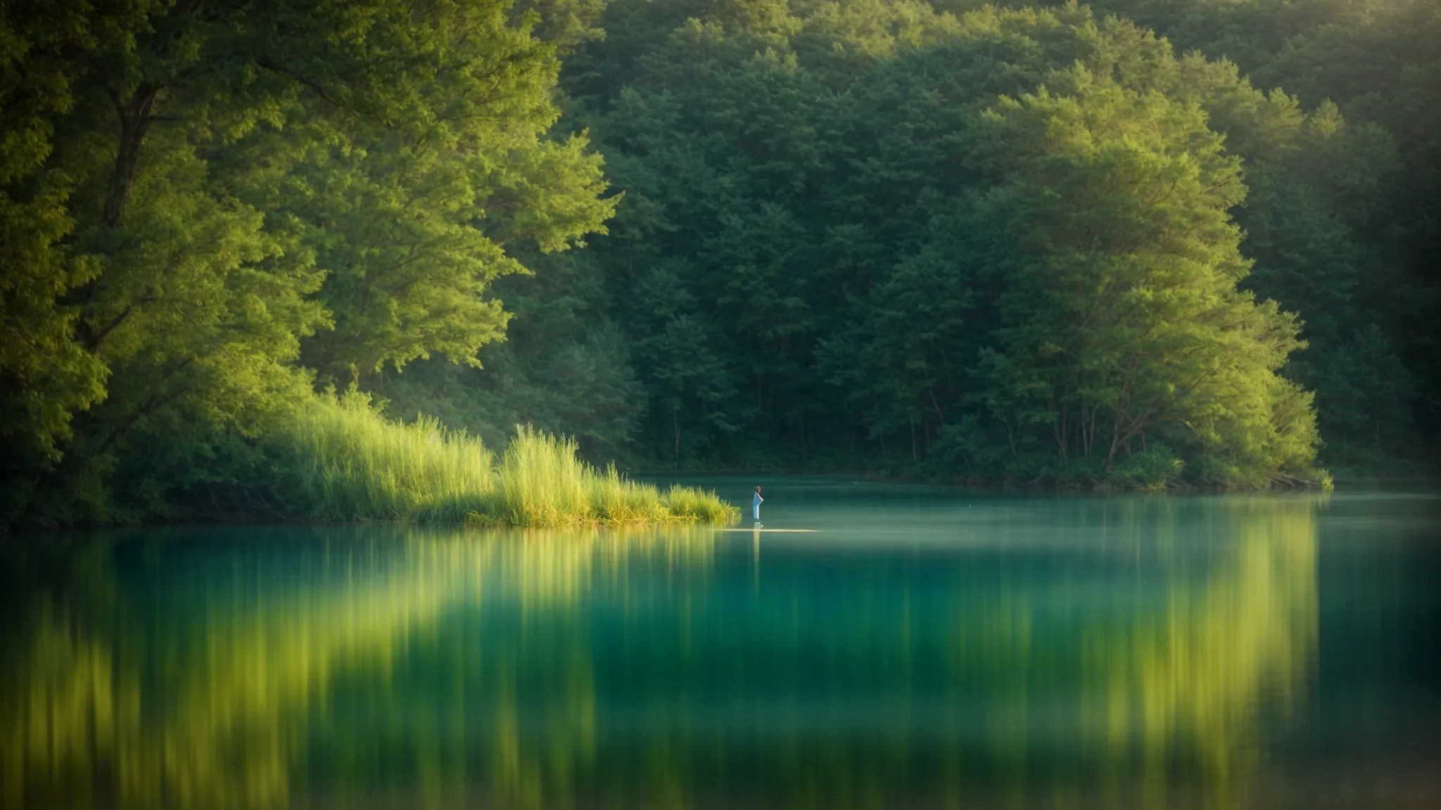 a serene nature setting bathed in soft morning light features a figure standing at the edge of a tranquil lake, symbolizing hope and emotional healing with gentle hues of blue and green.