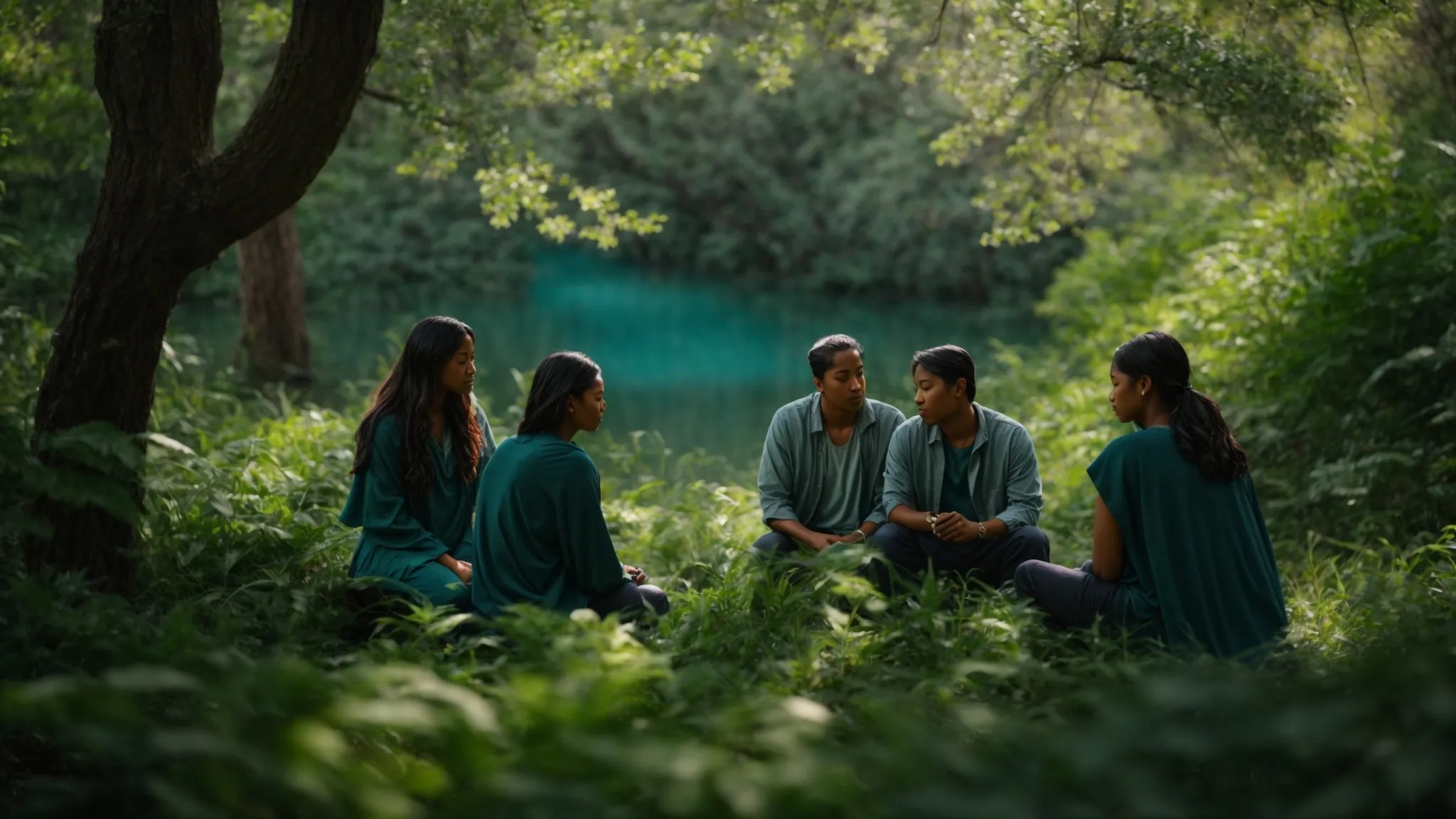 a serene nature setting enveloped in calming blues and greens, featuring a diverse group of individuals sharing empathetic conversations, symbolizing healing and support in their recovery journey from addiction and mental health challenges.