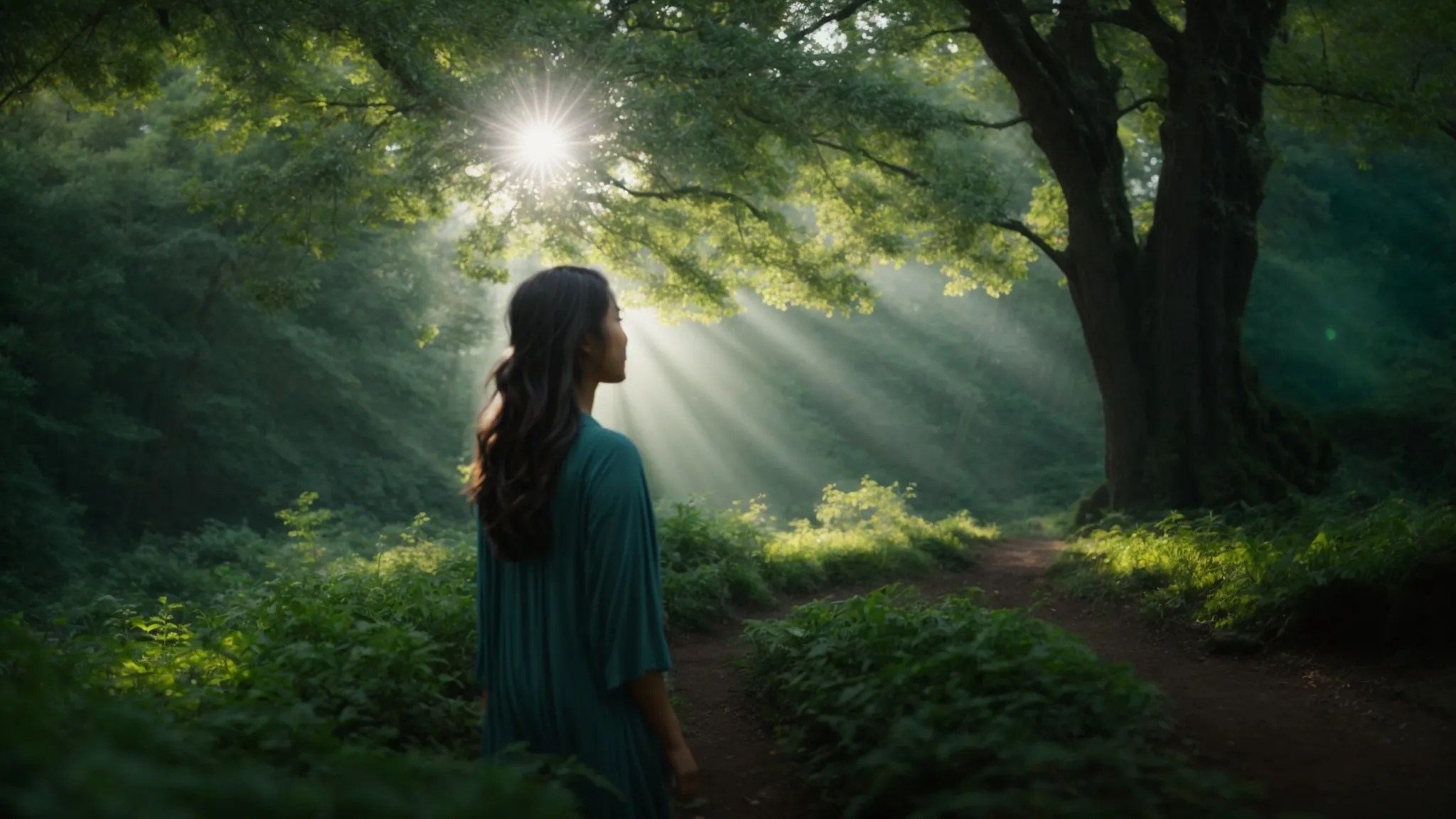 a serene nature setting envelops a person reaching towards a radiant light, symbolizing hope and emotional healing, with calming blues and greens that evoke a sense of peace and recovery.