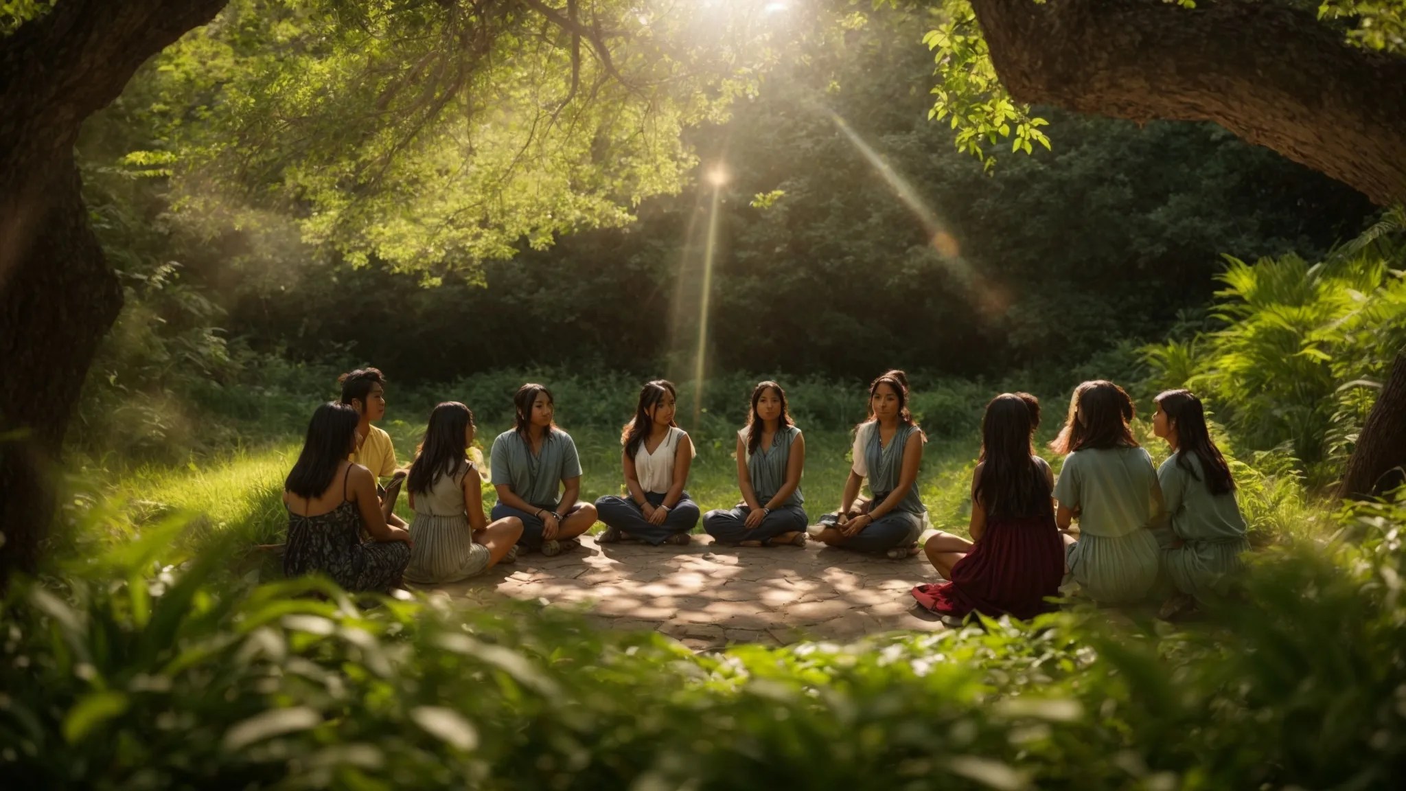 a serene nature setting featuring a diverse group of individuals in a support circle, surrounded by lush greenery and gentle sunlight, symbolizing healing and compassion in the journey of mental health recovery.