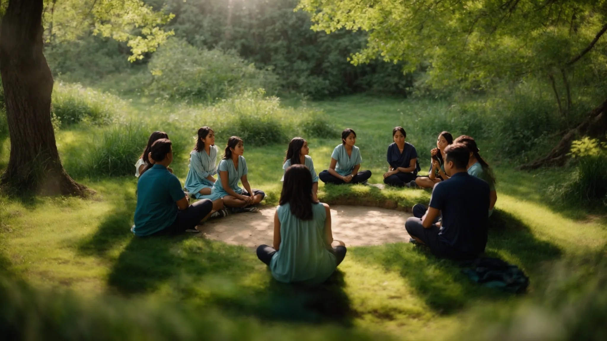a serene nature setting featuring individuals seated in a circle, radiating a sense of community, with soft blue and green hues enhancing the atmosphere of healing and emotional support.