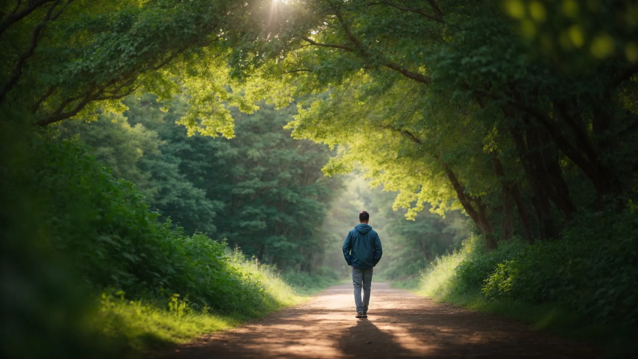 a serene nature setting with a person standing on a path, arms outstretched towards a soft blue sky, surrounded by lush green trees, symbolizing hope and the journey towards recovery in addiction and mental health treatment.
