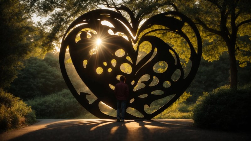 a serene nature setting with gentle sunlight filtering through lush trees, featuring a silhouette of a person reaching out towards a vibrant heart and brain sculpture, symbolizing hope, healing, and the journey of recovery in addiction and mental health treatment.
