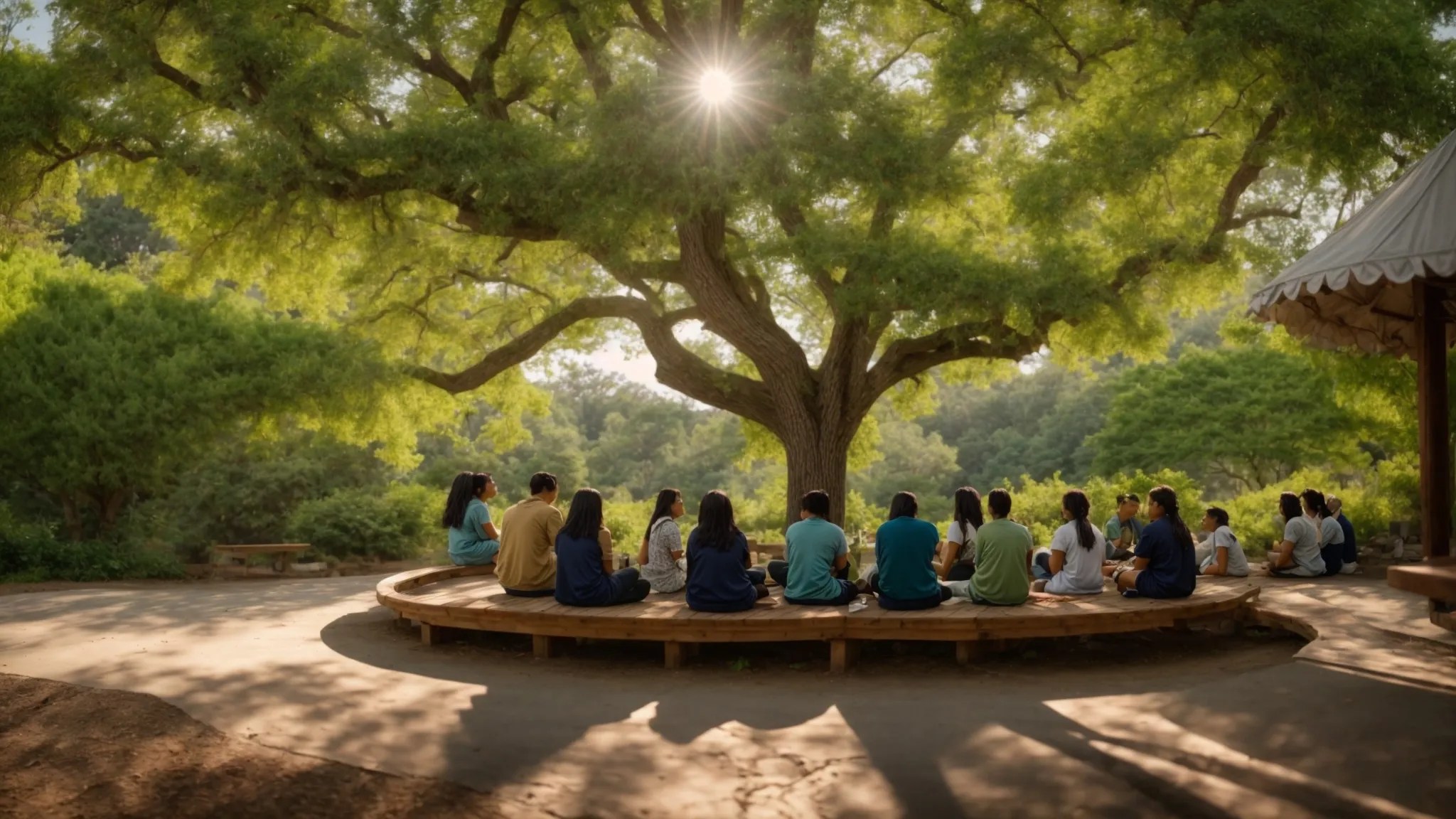 a serene nature setting with vibrant green trees and soft blue skies envelops a support group circle, where diverse individuals share their stories in a compassionate atmosphere, symbolizing healing and the strength of community in overcoming mental health barriers.