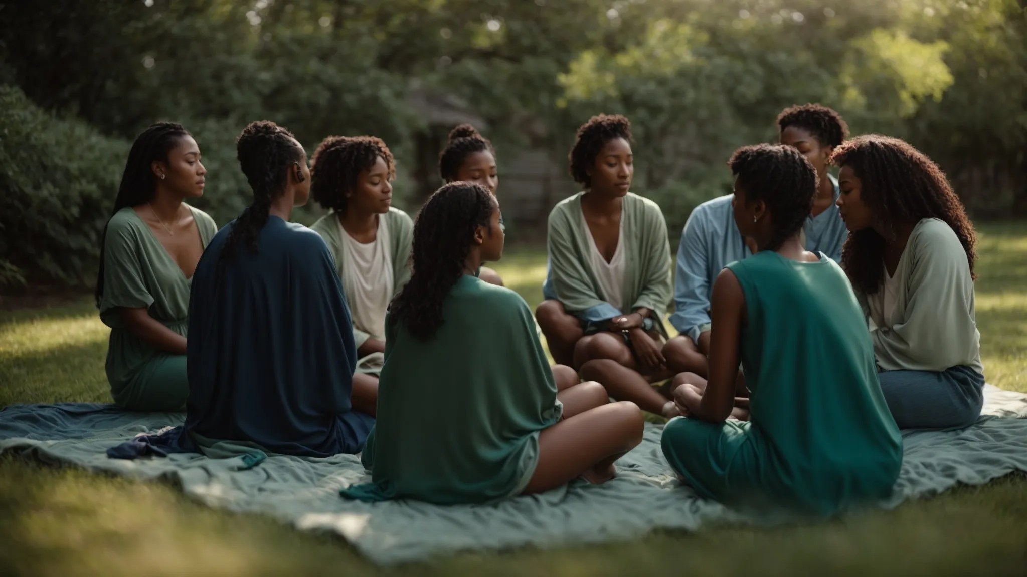 a serene outdoor setting bathed in soft, natural light features a diverse group of individuals seated in a supportive circle, symbolizing connection and healing, with calming shades of blue and green surrounding them to evoke hope and emotional well-being.