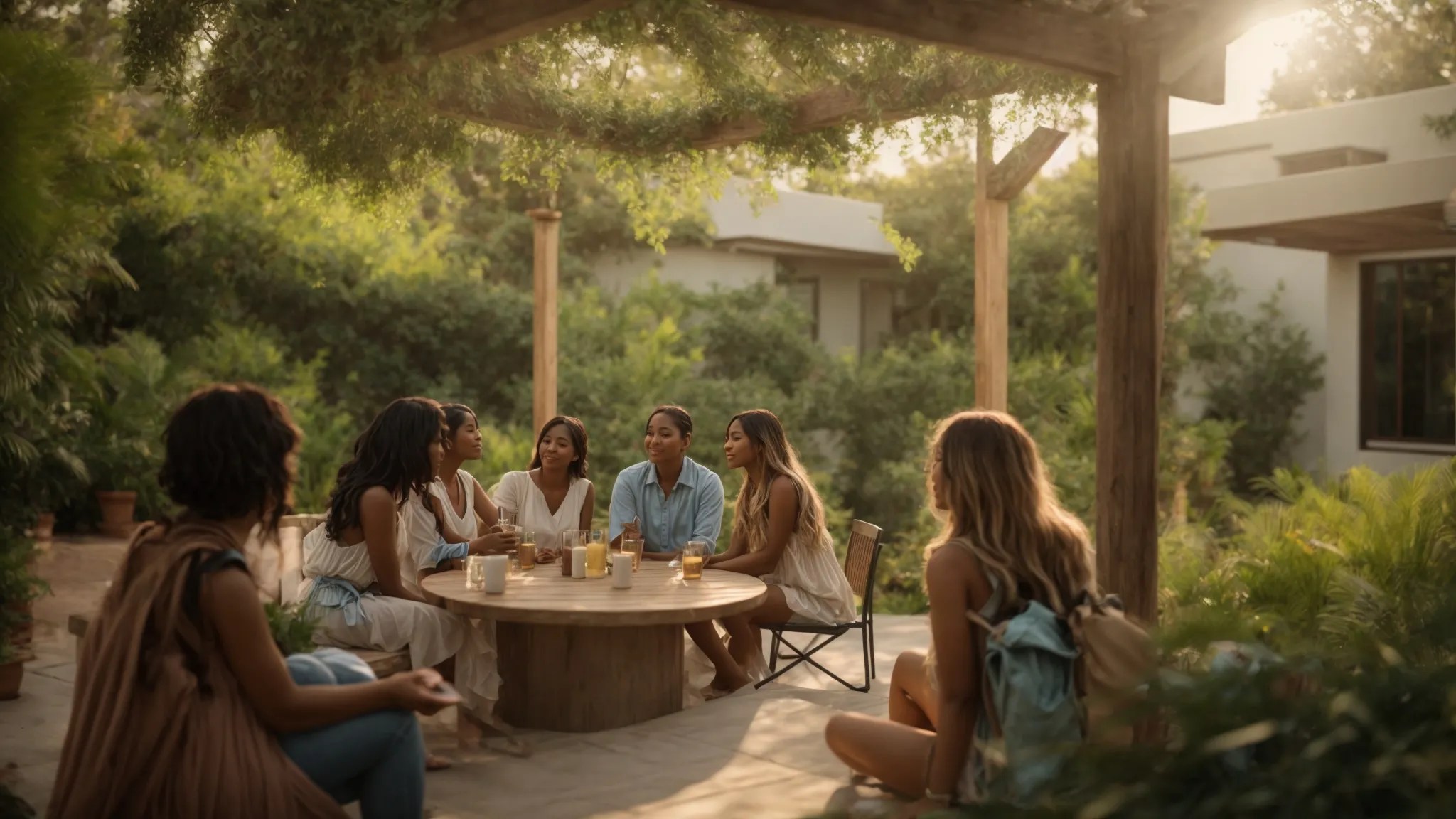 a serene outdoor setting illustrates a diverse support group engaged in compassionate conversation, surrounded by lush greenery and soft pastel hues, symbolizing healing and emotional well-being.