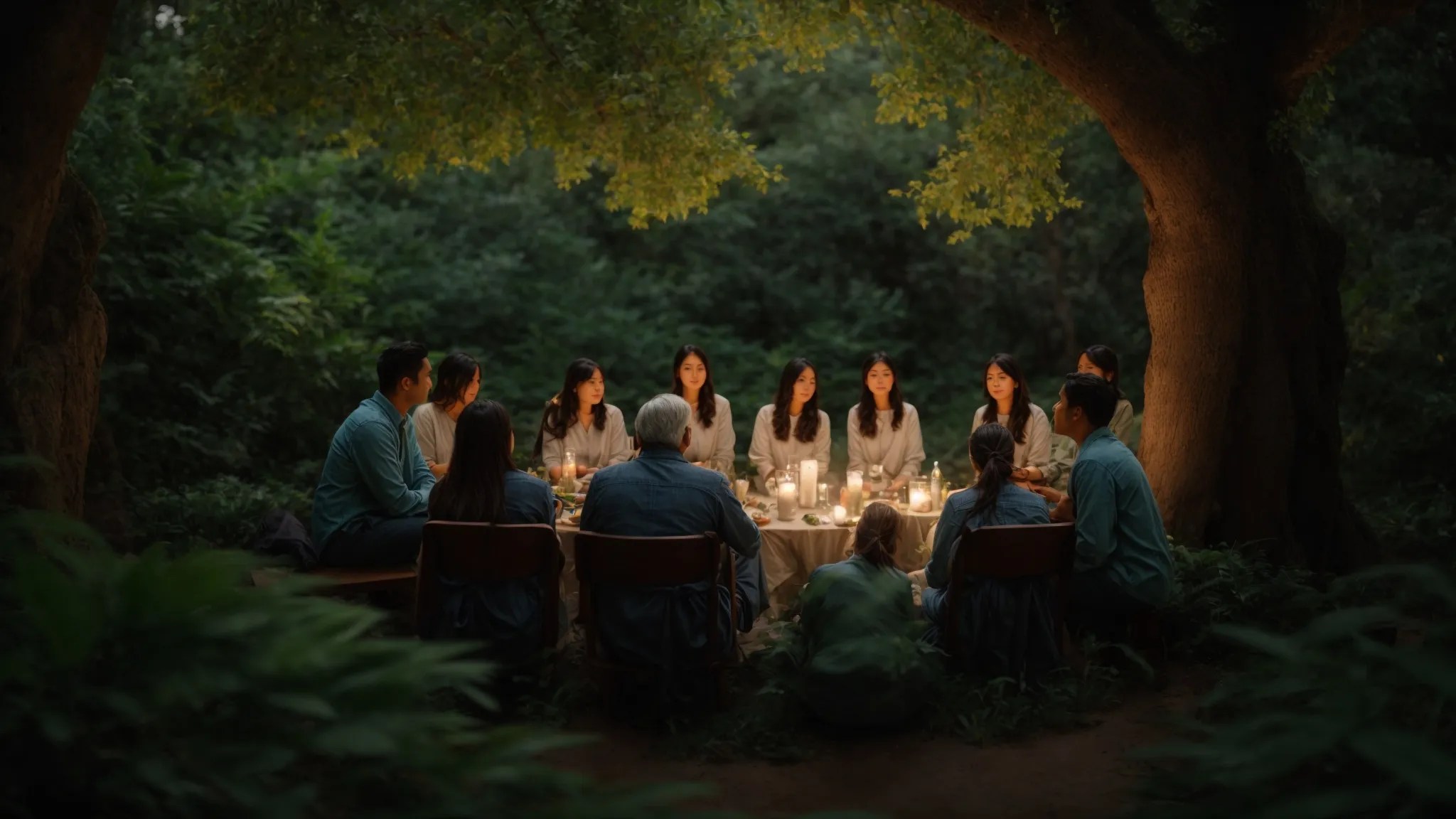 a serene setting depicts a support group gathered under lush, green trees, with soft pastels lighting creating an atmosphere of hope and compassion as they engage in deep conversation, symbolizing healing and emotional well-being.