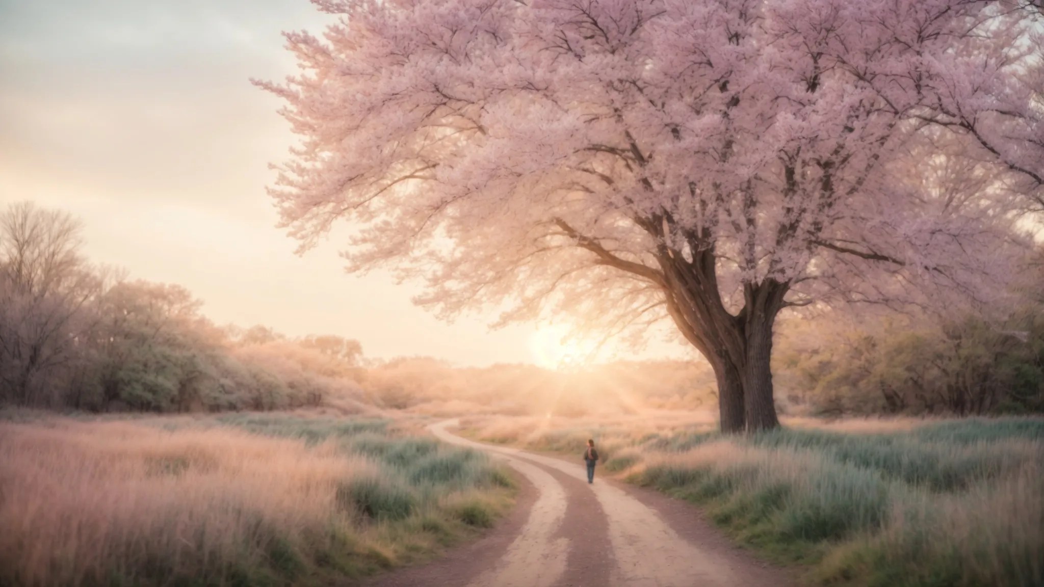 a tranquil nature setting bathed in soft pastel hues, featuring a solitary figure standing on a gentle path, symbolizing hope and recovery in the journey of addiction and mental health treatment.
