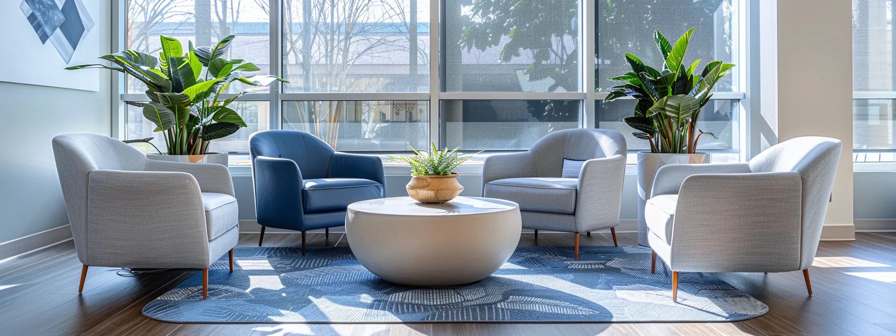 a serene and inviting therapy office features comfortable modern seating in calming blue and grey tones, illuminated by warm natural sunlight streaming through large windows, with soft lighting and subtle abstract art enhancing the atmosphere of tranquility and safety.