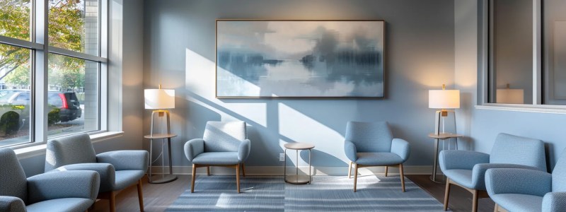 a serene and inviting therapy office features modern seating in calming blue and grey tones, with large windows allowing warm sunlight to pour in, subtle abstract art on the walls, and soft lighting creating a tranquil atmosphere for exploring innovative treatments for depression.