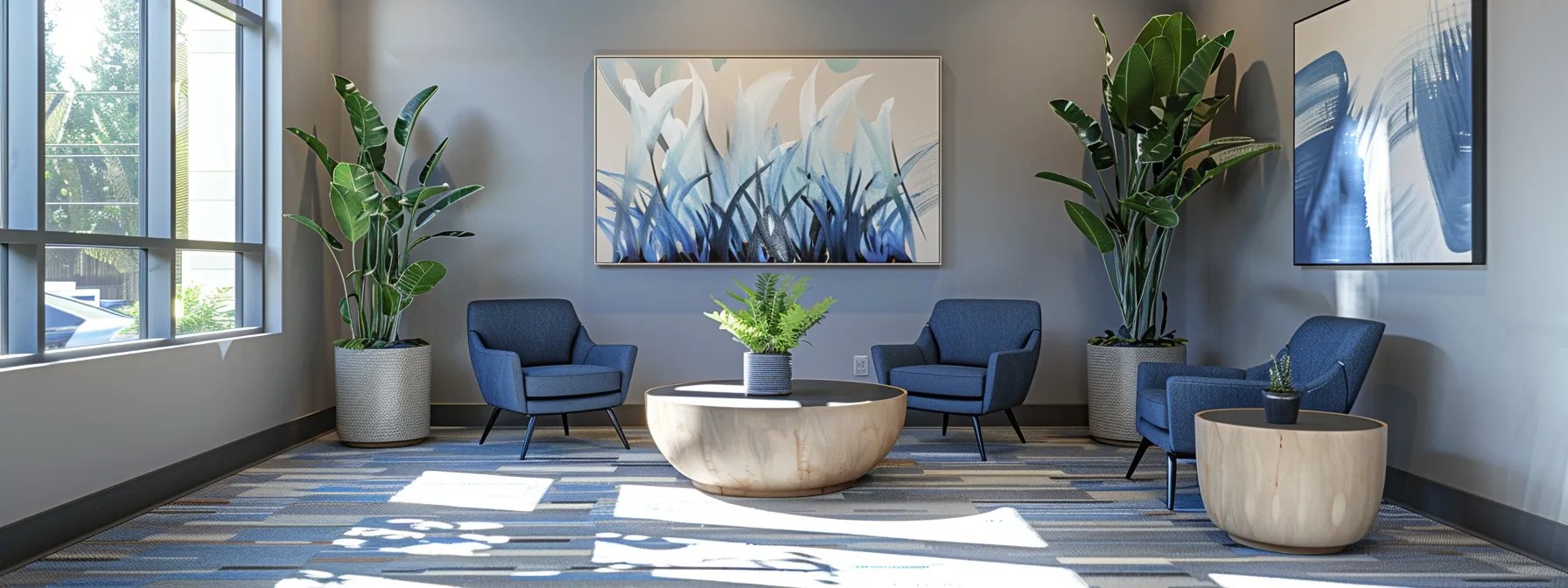 a serene therapy office bathed in warm sunlight showcases calming blue and grey tones in its modern furnishings, complete with peaceful indoor plants and abstract art, creating a welcoming atmosphere for addiction and mental health recovery.