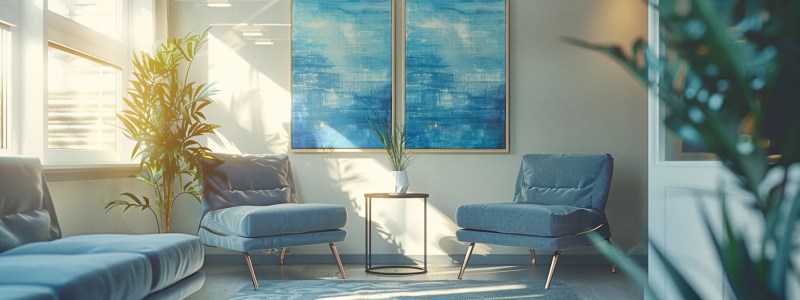 a serene therapy office bathed in warm, natural sunlight, featuring modern, calming blue and grey seating amidst soft lighting and abstract art, designed to reflect a peaceful environment for exploring unconscious patterns and emotional triggers.